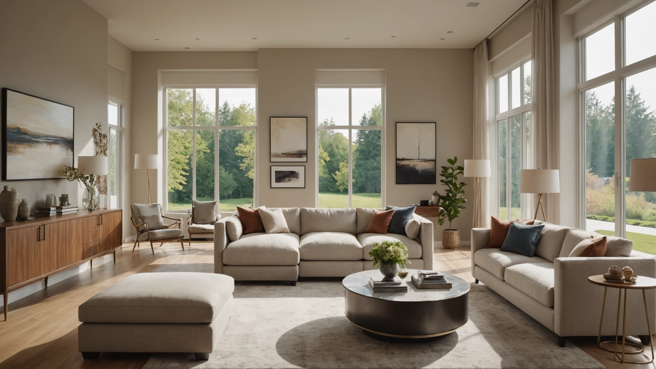 Modern living room with natural light and indoor plants.